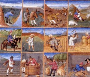 Travaux des douze mois de l'année Agricultural calendar from a manuscript of Pietro Crescenzi, written c. 1306