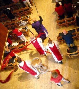 Procession at Christ Church Cathedral, St Louis, MO Verger, Cross, Acolytes, and Dove Kite process at Pentecost at Christ Church Cathedral in St. Louis, Missouri